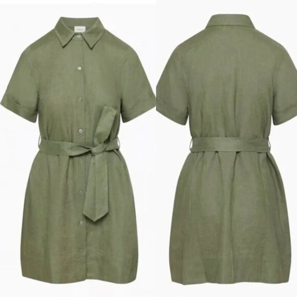 Wilfred Eleta Tie‎ Waist Organic Linen Mini Shirt Dress - Bitter Sage - M